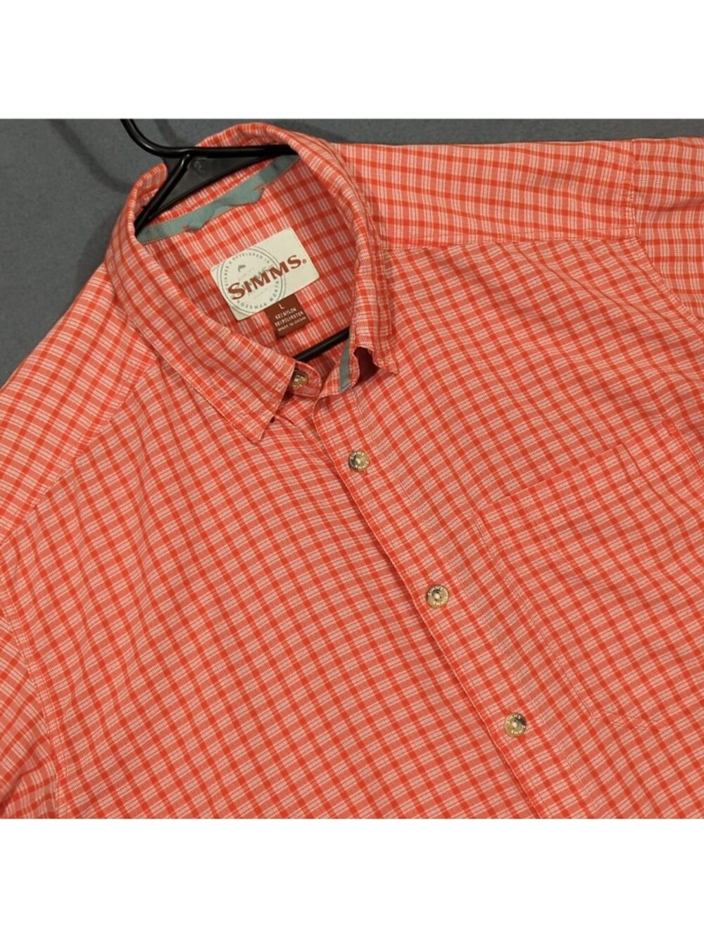 Simms Shirt Men's L Red Short Sleeve Button Up Fishing Outdoor Hiking Flaws